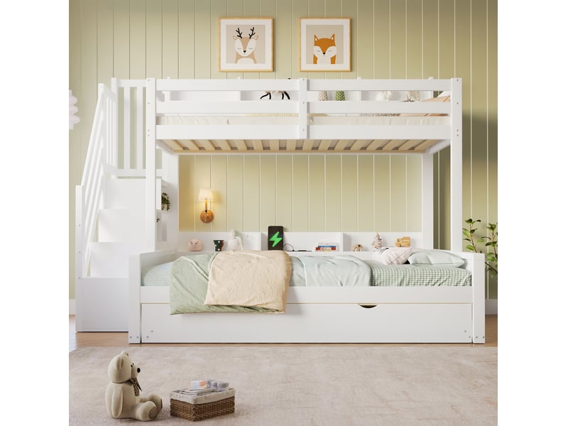  Lit superposé blanc 90x200 et 140x200 cm avec lit gigogne, rangements et usb  - Conforama B