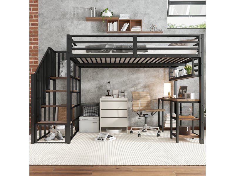 Lit mezzanine 120x200 cm, lit surélevé avec bureau intégré et étagères de rangement, avec escalier sécurisé et main courante, noir et noyer foncé  - Conforama C