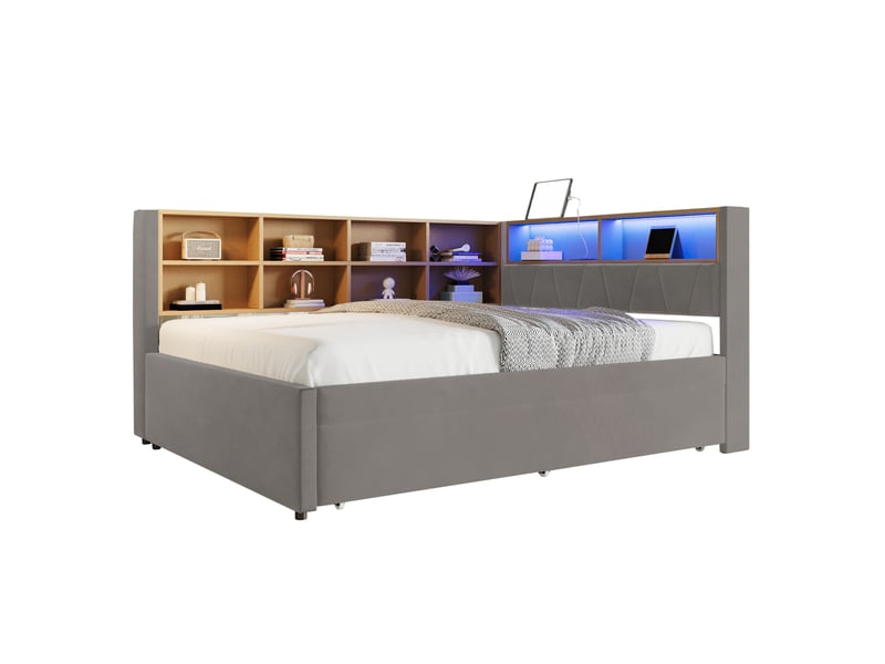  Canapé-lit simple 140x200 cm lit gigogne 90x190, prises électriques et compartiments de rangement gris foncé, équipé de lampes led  - Conforama W