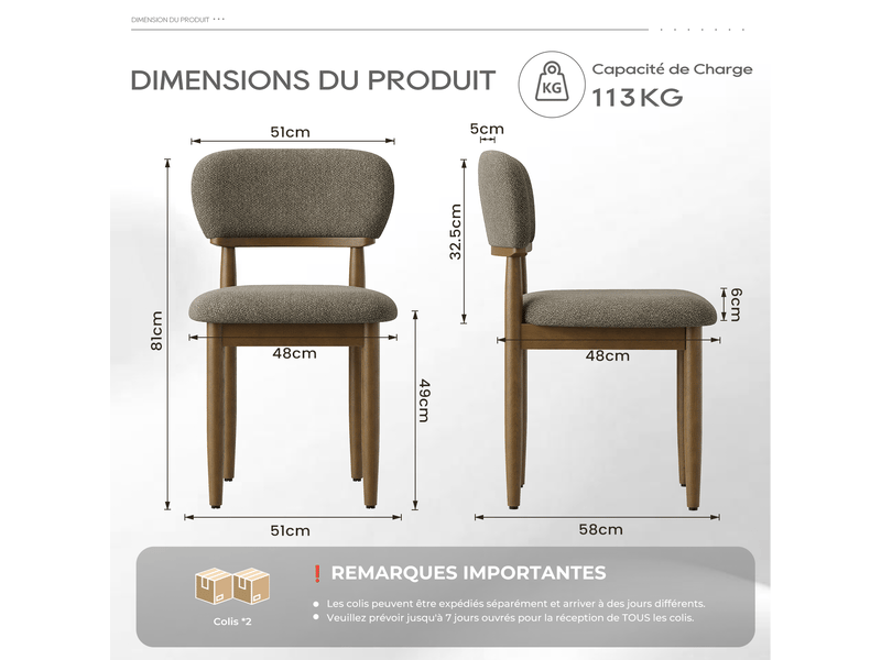  Lot de 4 chaises de salle à manger rembourrées, dossier ergonomique, tissu texturé respirant, structure en bois massif, style moderne, marron  - Conforama C