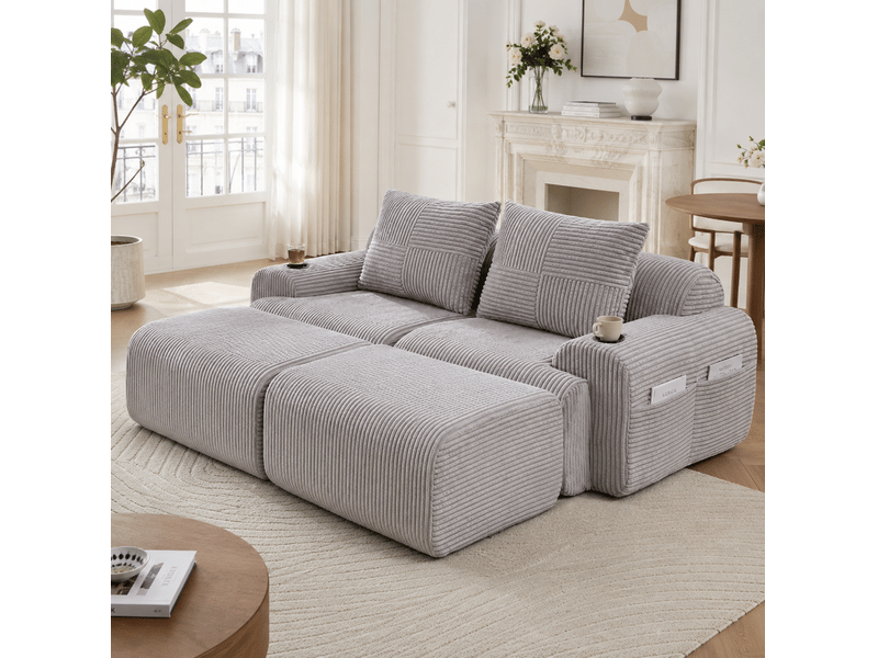  Canapé modulable 2 places 200x174x80 cm avec 2 poufs gris clair  - Conforama B