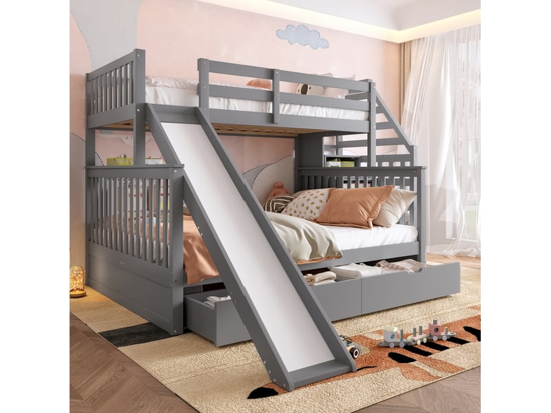  Lit superposé enfant 90x200 et 140x200 cm avec toboggan et tiroirs gris  - Conforama E