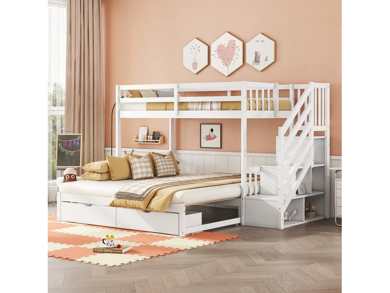  Lit superposé 90x200 cm avec rangements et tiroirs blanc  - Conforama D