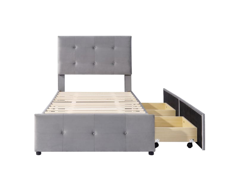 Lit enfant 90x200cm velours, 2 tiroirs, tête réglable, sommier lattes, cadre acier, pratique, sans matelas, gris - Conforama W