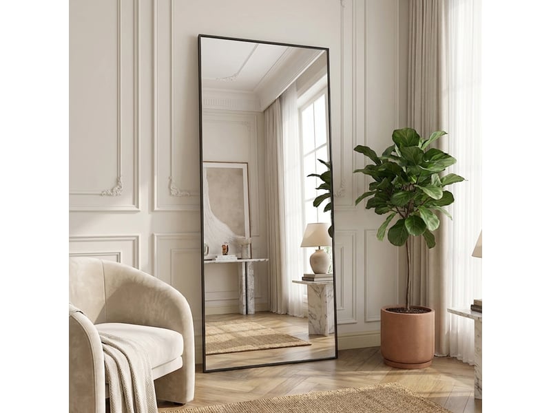  Miroir sur pied 177x77 cm,miroir de sol, grand miroir mural,cadre en aluminium ,verre trempé ,pour salon,chambre,noir  - Conforama B