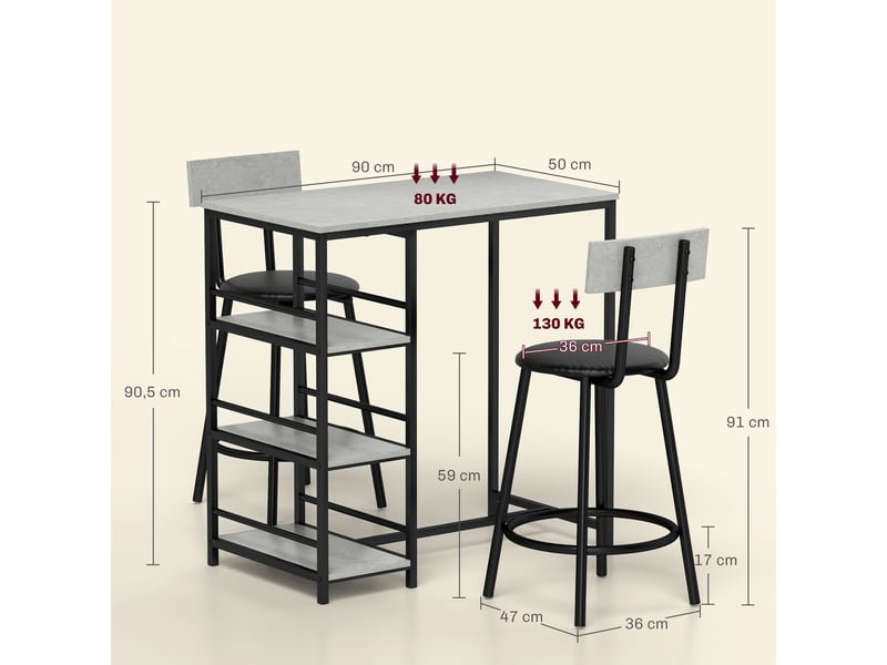  Ensemble table de bar avec 2 tabourets et étagères de rangement pour salle à manger, cuisine, gris et noir  - Conforama E