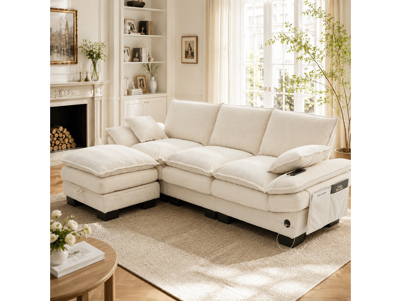 Canapé modulable, canapé 3 places – en velours tricoté, port usb, avec pouf, beige, mousse haute densité, poches latérales - Conforama A