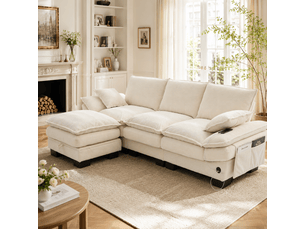 Canapé modulable, canapé 3 places – en velours tricoté, port usb, avec pouf, beige, mousse haute densité, poches latérales