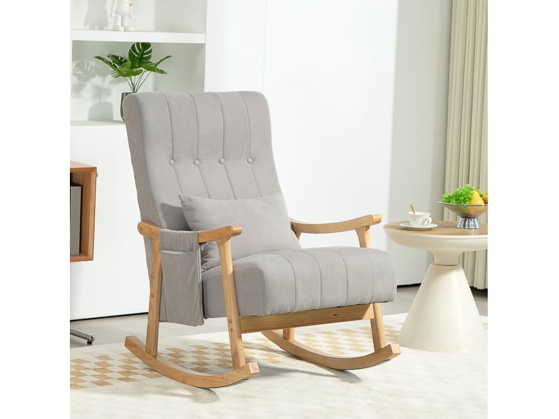 Fauteuil à bascule avec coussin lombaire, poche latérale et cadre en bois, en polyester gris - Conforama B