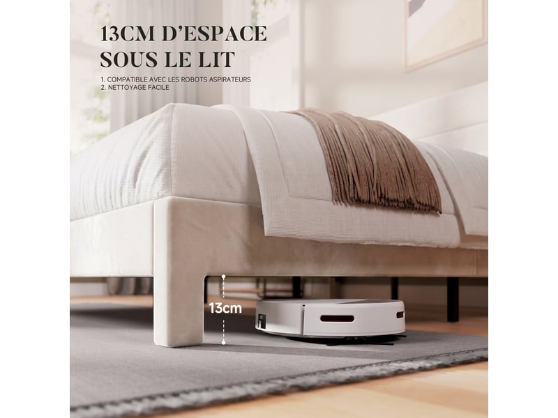  Lit 140 x 190 avec sommier à lattes en bois, lit double avec cadre de lit rembourré et structure métallique, charge maximale 500 kg, beige  - Conforama D