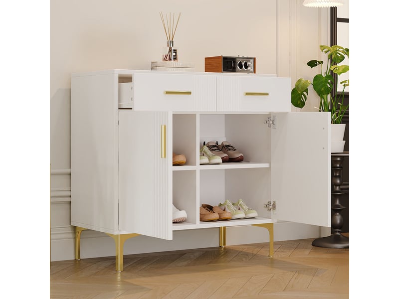  Buffet design contemporain blanc avec pieds métalliques, 2 portes et 2 tiroirs, meuble de rangement pour salon ou salle à manger - 80x35x79.5 cm  - Conforama C
