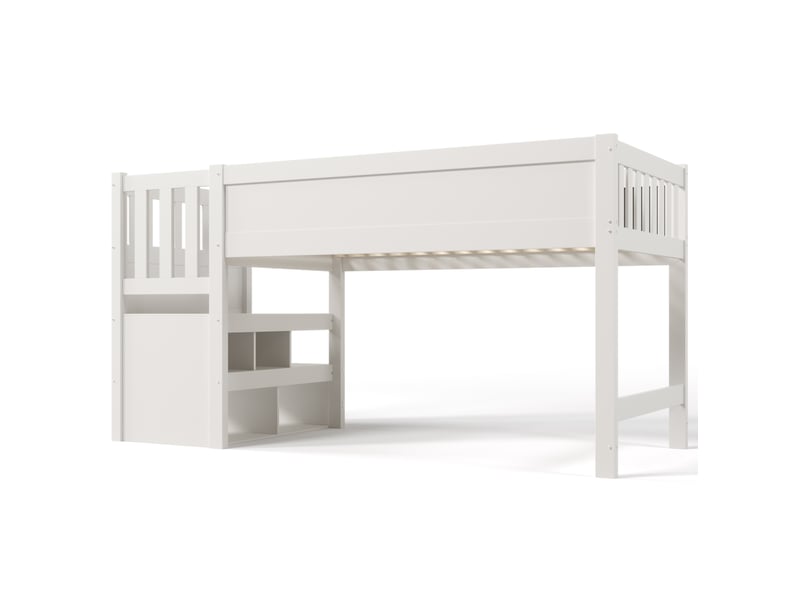  Lit surélevé enfant 90x200 cm avec escalier de rangement et tableau, bois et mdf, blanc, sans matelas  - Conforama E