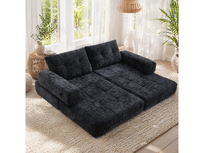  Fauteuil convertible pliant avec fonction couchage, dossier et coussins, gain de place, en tissu noir 79 × 79 × 57 cm  - Conforama C
