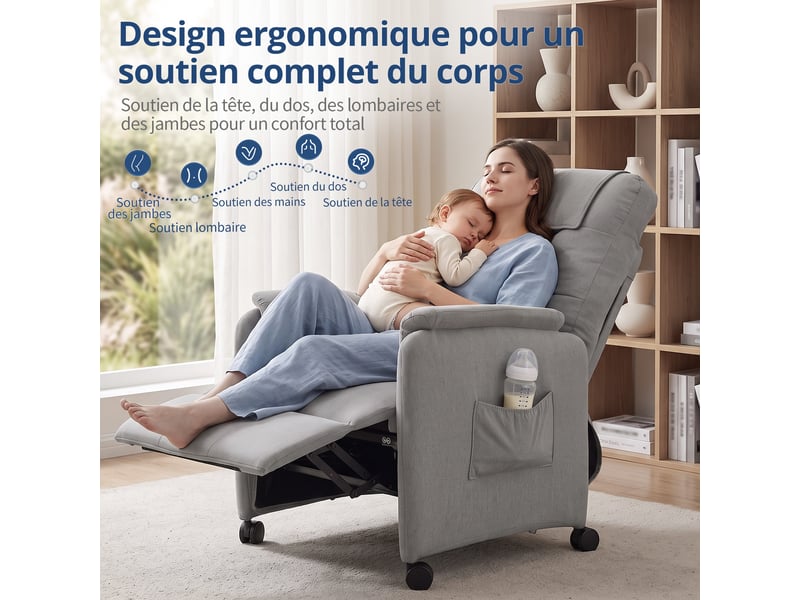 Fauteuil de massage électrique, fauteuil détente pour télévision avec fonction massage et chaleur, 4 roues, gris clair - Conforama R