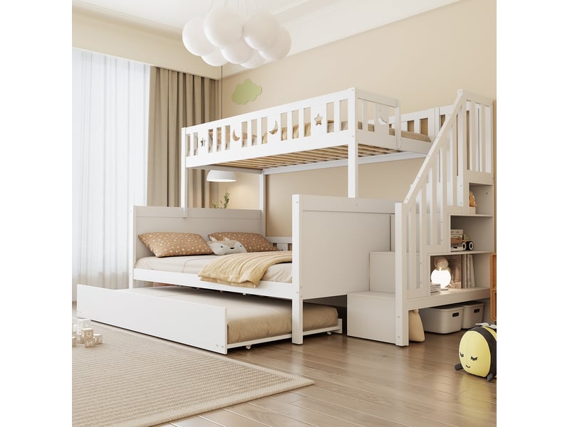  Lit superposé enfant 90x200 cm – blanc – escalier de rangement, couchage gigogne et sommier à lattes inclus  - Conforama B