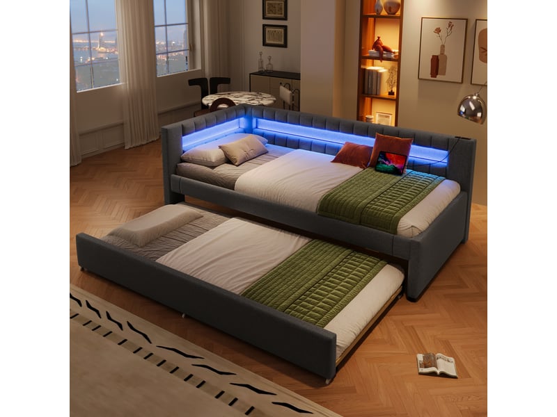  Lit gigogne 90x200 cm en lin avec lit d’appoint coulissant, éclairage led, ports usb et usb-c - gris  - Conforama C