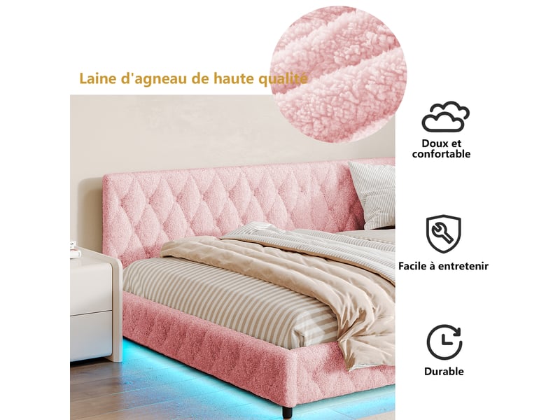 Lit 140x200 cm avec led et usb,canapé lit d'angle, lit fille 140x200 ,lit adulte avec sommier à lattes, teddy velvet,rose - Conforama R