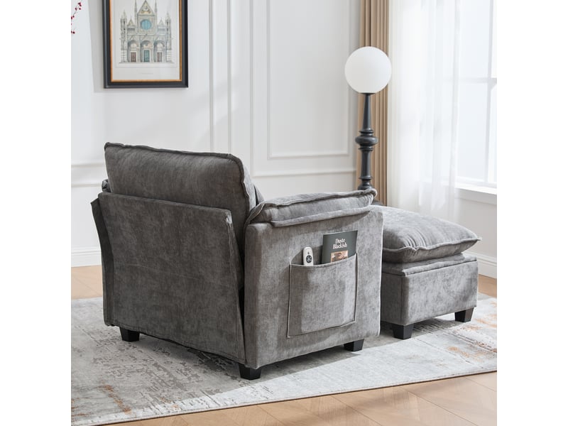  Fauteuil de détente 103x85x91 cm, avec pouf, sac de rangement, tissu chenille, gris Cozy Nook - Conforama D