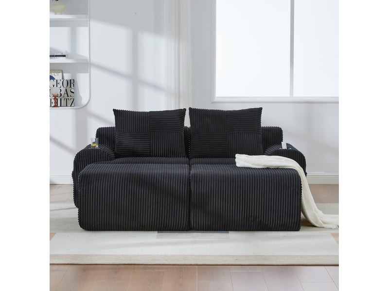  Canapé modulaire 2 places 200x174x80 cm en l possible, porte-gobelet intégré, poche latérale, velours côtelé noir  - Conforama B