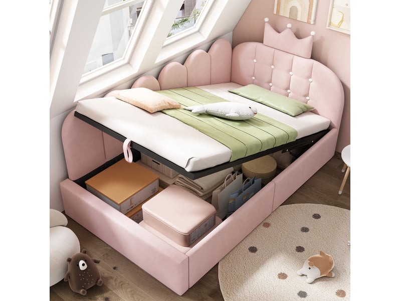  Lit coffre banquette 90x190 cm avec levage hydraulique, velours rose  - Conforama C