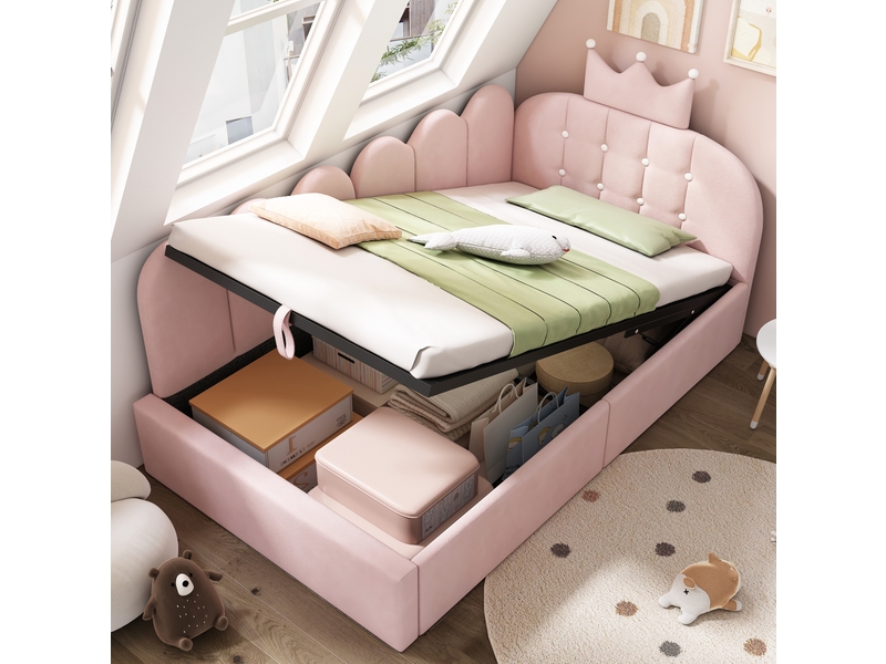  Lit coffre banquette 90x190 cm avec levage hydraulique, velours rose  - Conforama C