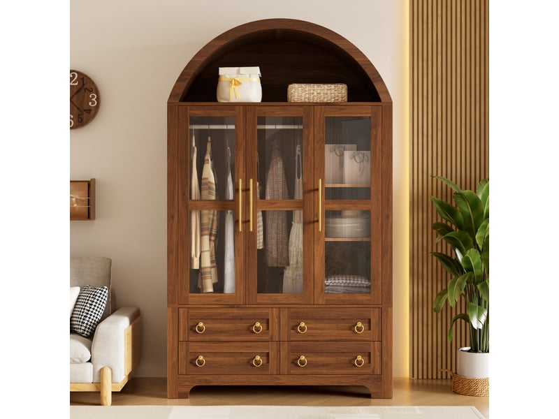  Armoire penderie 110x50x186cm, 3 portes vitrées, 4 tiroirs, tringle à vêtements, étagères, led pilotable par application, sommet cintré, effet noyer  - Conforama C