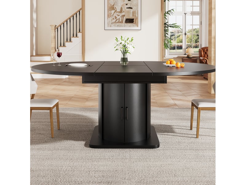  Table de salle à manger extensible ronde à ovale avec 1 tiroir et rangement pour cuisine et salon en mdf noir  - Conforama E