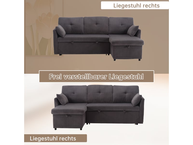  Canapé d'angle convertible réversible en velours côtelé gris foncé 206x108x66 cm avec rangement, salon séjour 206x108x66cm - Conforama E