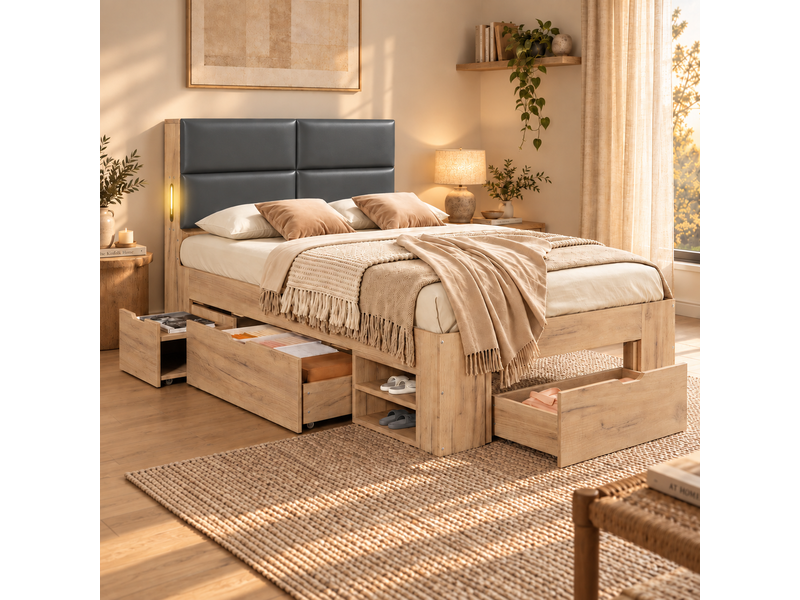 Lit enfant 90 × 200 cm avec tiroirs, niches coulissantes, usb, usb-c et veilleuse, sans matelas, mdf naturel - Conforama B