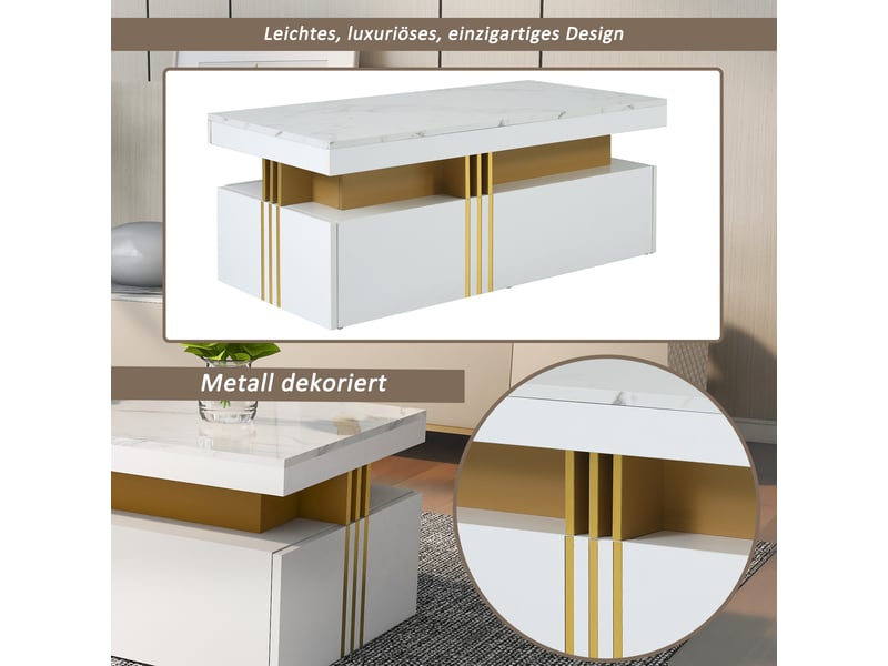 Table basse moderne rectangulaire blanc brillant avec 2 tiroirs, effet marbre, 100x50x40 cm - Conforama D