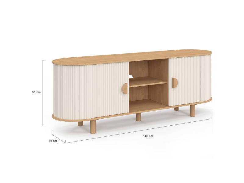 Meuble tv 140 cm kanel 2 portes effet cannelé beige et bois  - Conforama E