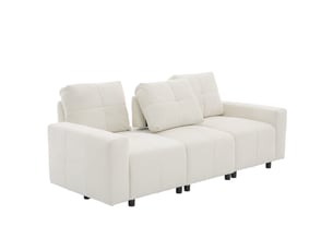 Canapé convertible 3 places droit chenille beige blanc, profondeur réglable jusqu'à 68 cm, structure bois massif, confort ergonomique salon moderne