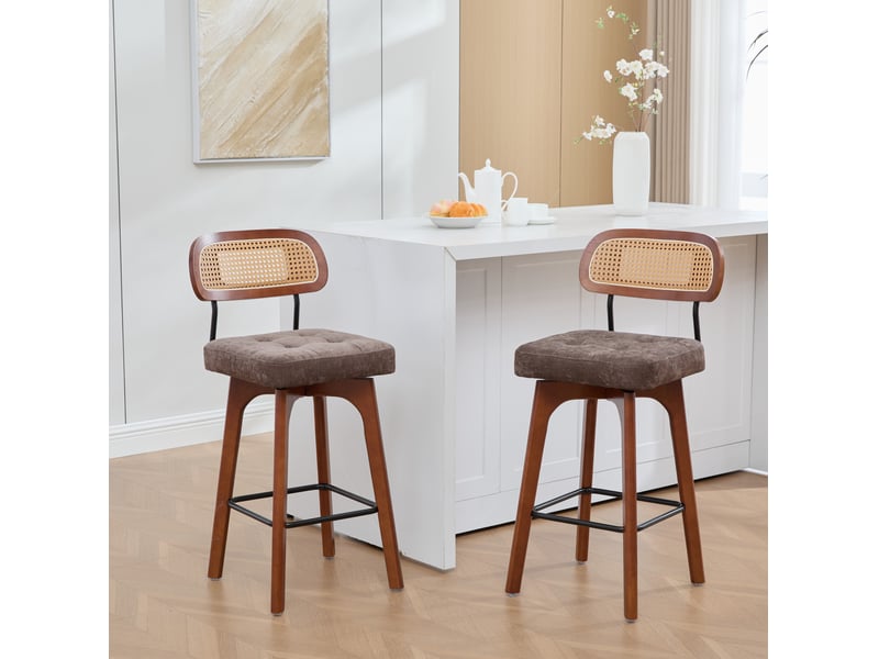  Lot de 2 tabourets de bar pivotants 360° en tissu marron café, dossier en paille et assise rembourrée vintage  - Conforama E