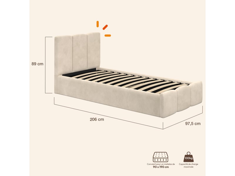  Lit coffre simple nuage avec tête de lit matelassée et sommier 90 x 190 cm velours beige  - Conforama D
