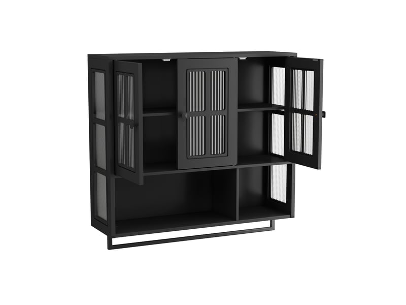  Armoire murale modèle bath 3 portes, noir, bois, rangement ouvert caché, porte vitrée, barre serviette  - Conforama D