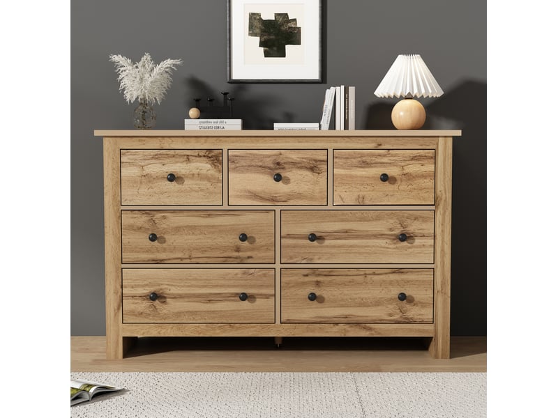  Commode 152x40x88,5 cm avec 7 tiroirs, grande capacité coulisses silencieuses panneau de particules, naturel  - Conforama D