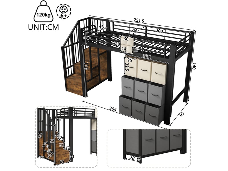  Lit mezzanine 90x200 cm en métal et mdf avec tiroirs, penderie et escalier de rangement noir et blanc chicfurn  - Conforama C