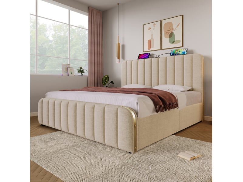  Lit double rembourré avec coffre hydraulique, port de charge type c et matelas, en tissu lin beige 180 × 200 cm  - Conforama E