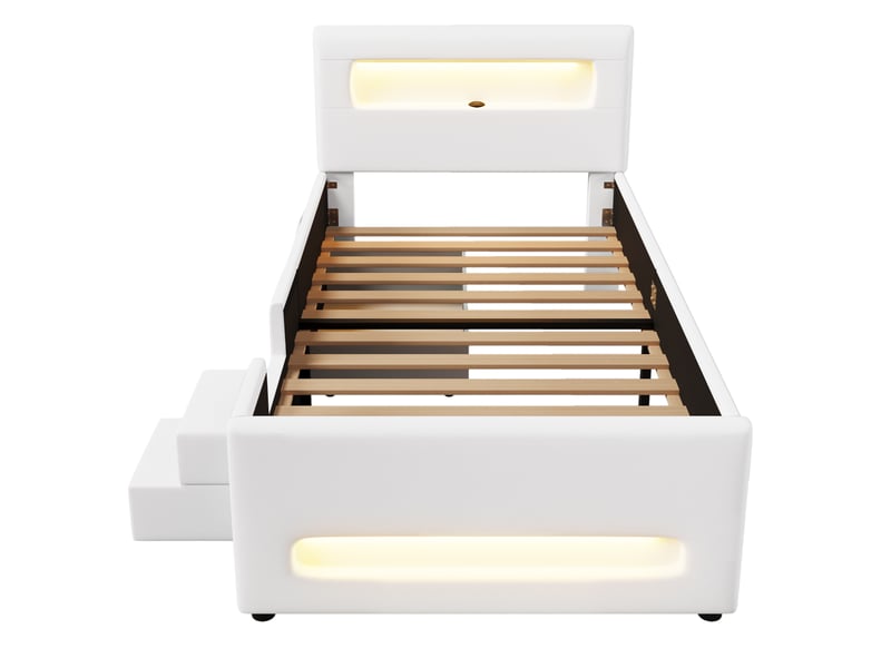  Lit enfant 90x200cm, escaliers, tiroirs, bandeaux led et espace de rangement, design confort, mdf, pu blanc sans matelas  - Conforama E
