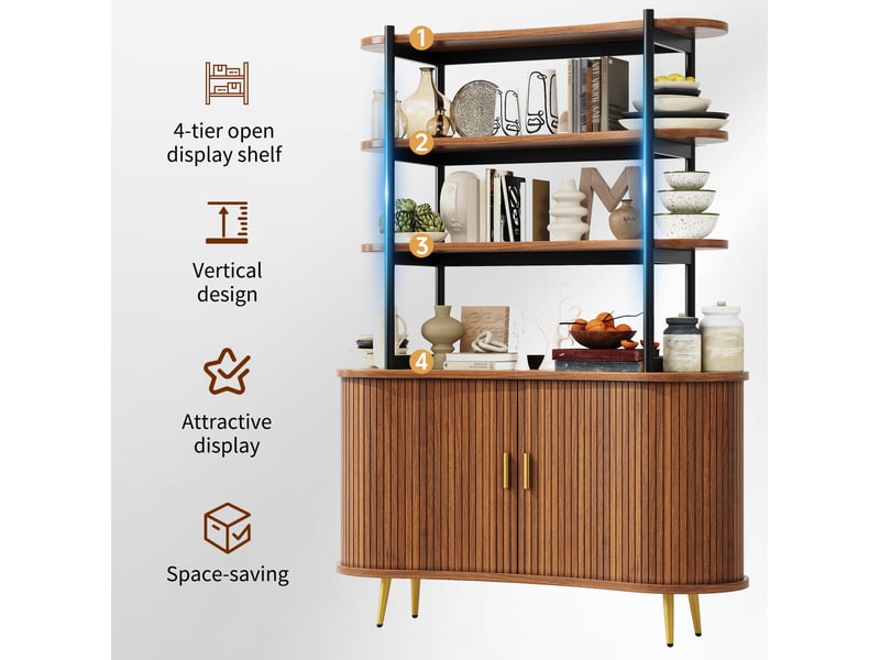 Buffet avec 2 portes coulissantes et 4 étagères ouvertes, rangement pour cuisine et salle à manger en mdf bois foncé - Conforama E