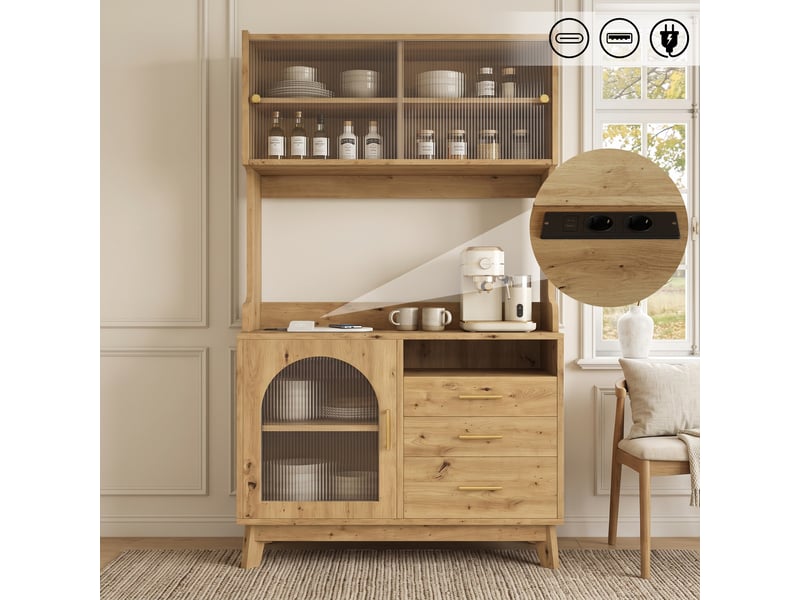  Buffet de cuisine naturel, armoire haute avec 3 tiroirs et 3 portes, pour salle à manger, prises et usb-ca, 100.5x40x178 cm  - Conforama B
