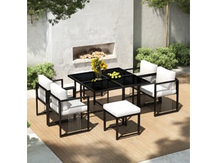 Salon de jardin,117x117 cm,7 pièces pour 6 personnes,métal et coussins,noir et blancs