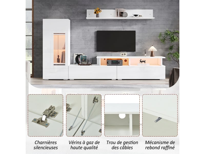  Ensemble meuble tv mural 3 pièces blanc brillant avec éclairage led, pour téléviseur jusqu'à 75 pouces  - Conforama D