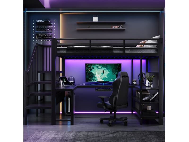 Lit mezzanine modenvie gaming 120 x 200 cm avec bureau en u led et escalier noir - Conforama B