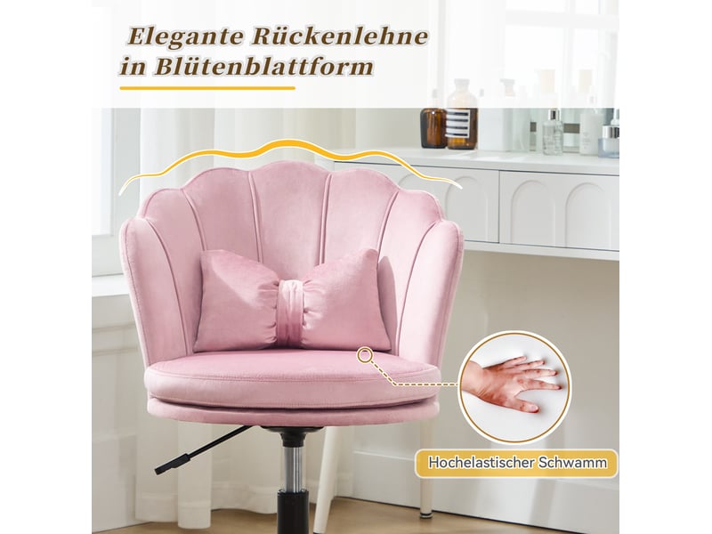  Chaise de bureau pivotante rose en velours, dossier fleur et coussin lombaire, hauteur réglable  - Conforama E