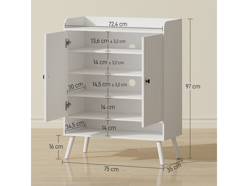  Étagère à chaussures pour entrée avec étagères réglables, compartiment ouvert pour 15 paires de chaussures, 75 x 35 x 97 cm, blanc  - Conforama D
