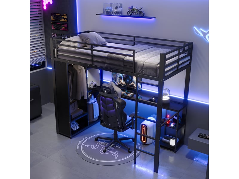 Lit mezzanine enfant 90 x 200 cm avec bureau, led et rangement, noir, métal  - Conforama D