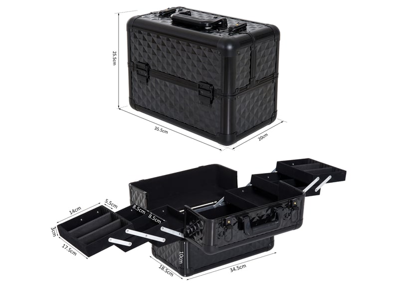 Mallette cosmétique professionnelle portable aluminium, 4 compartiments, 35,5 x 20 x 25,5 cm - Conforama E
