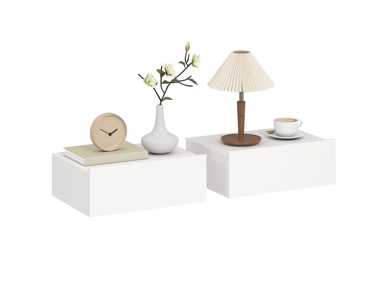  Lot de 2 tables de chevet murales, tables de nuit suspendues avec tiroir coulissant, 40 x 30 x 15 cm, blanc  - Conforama A