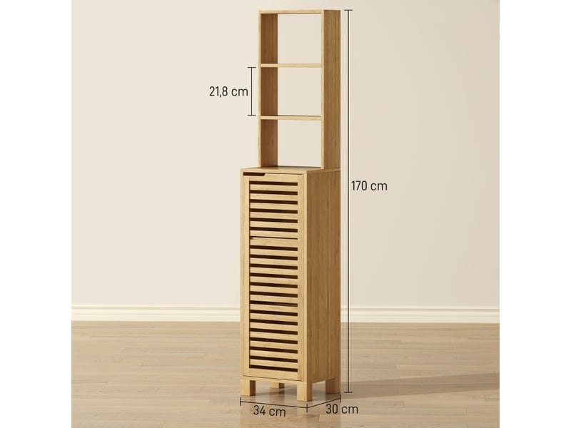  Meuble de salle de bain étroit en bambou avec 3 étagères ouvertes réglables et porte à lattes, 34 x 30 x 170 cm  - Conforama C